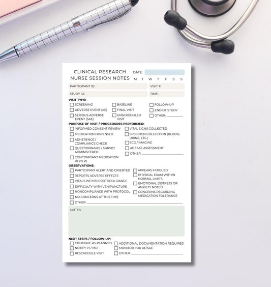 Clinical Research Nurse Session Note Notepad Clinical Trial Visit Log, Medical Research Documentation Pad Tear-Away Sheets CRN Notes Nursing