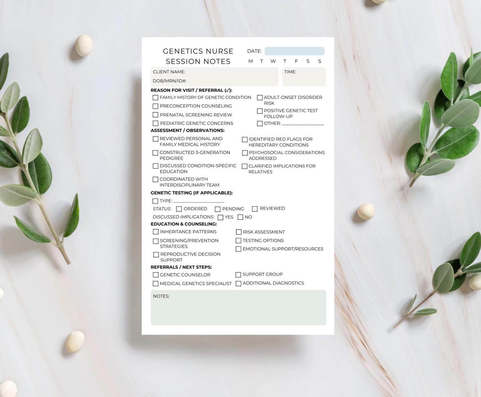 Genetics Nurse Session Note Notepad | Professionally-Informed Charting Tool for Genetic Risk, Counseling & Testing Pad for Clinical Use