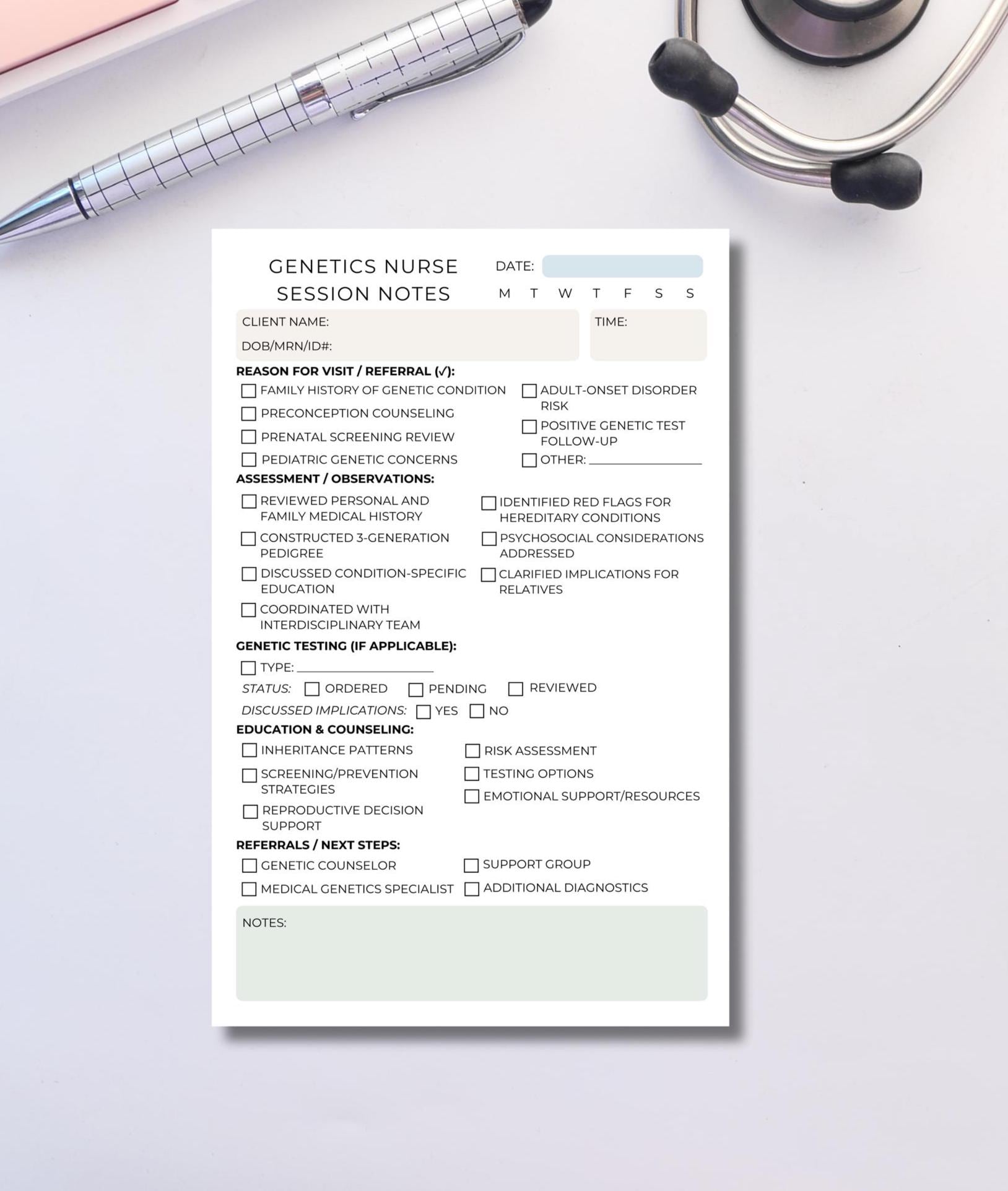 Genetics Nurse Session Note Notepad | Professionally-Informed Charting Tool for Genetic Risk, Counseling & Testing Pad for Clinical Use