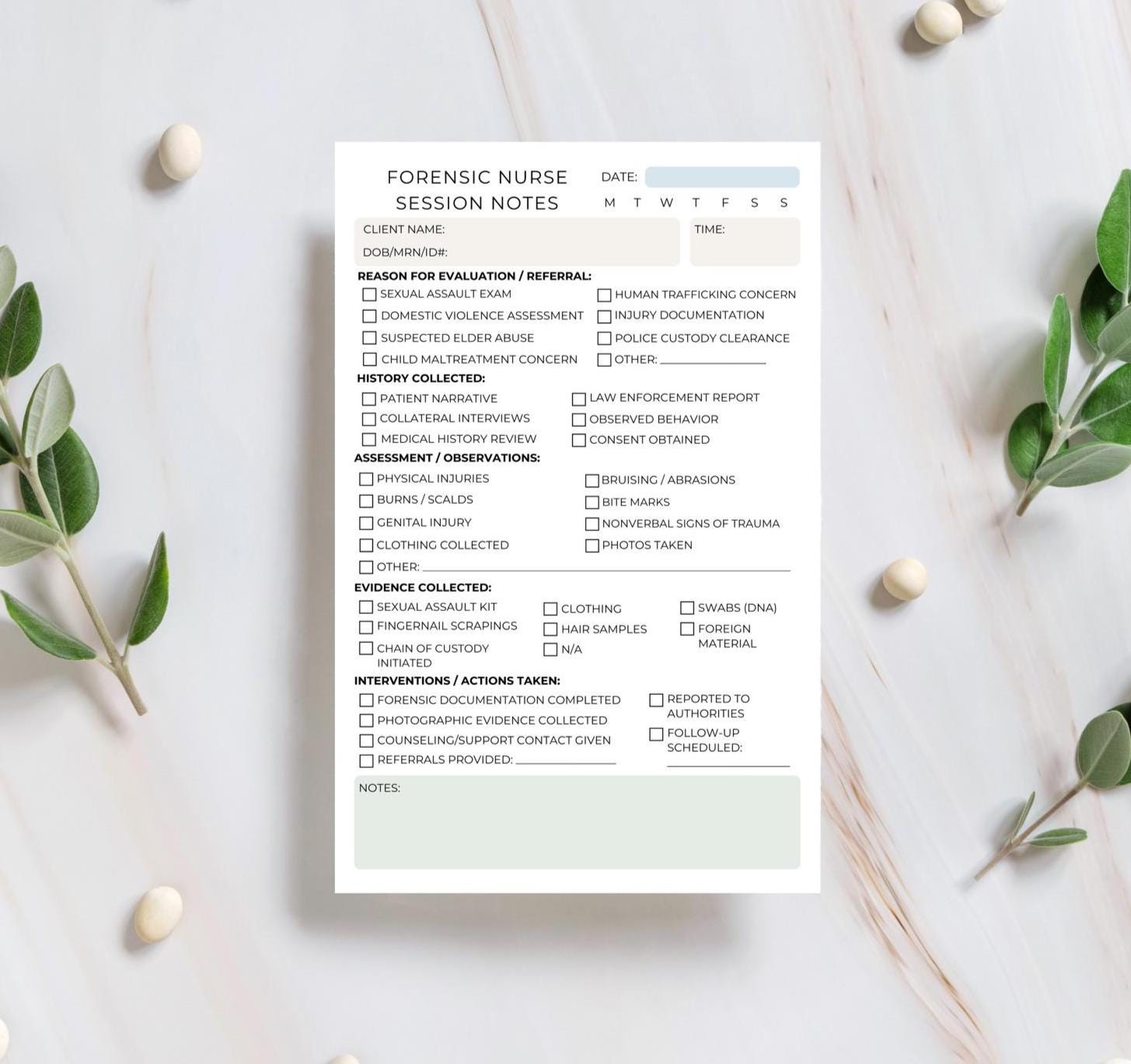 Forensic Nurse Session Note Notepad SANE Assault Exam Charting Pad Medical Documentation Forensic Nursing Stationery SANE Nursing Forensic