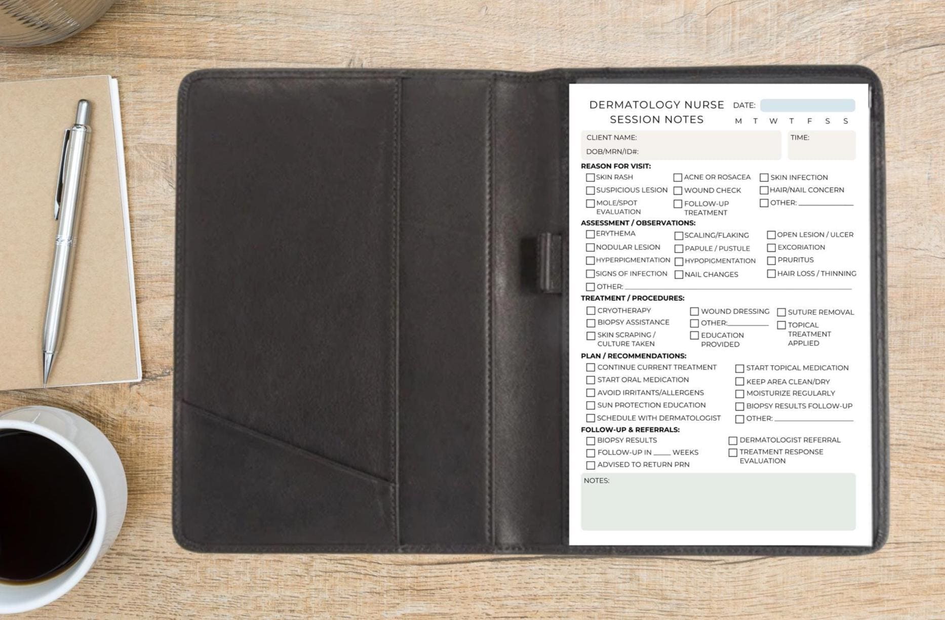 Dermatology Nurse Session Note Notepad Skin Assessment Tracker Tear-Off Sheets Medical Office Supplies Nurse Dermatology Nursing Office Note