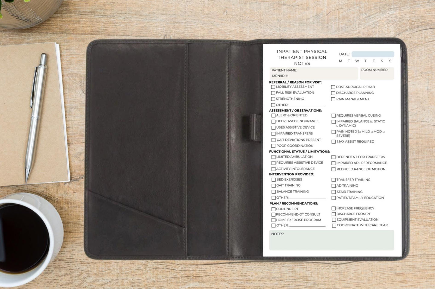 Inpatient Physical Therapist Session Note Notepad | PT Documentation Pad for Hospital Use | Functional Status & Assessment Checklist Physio