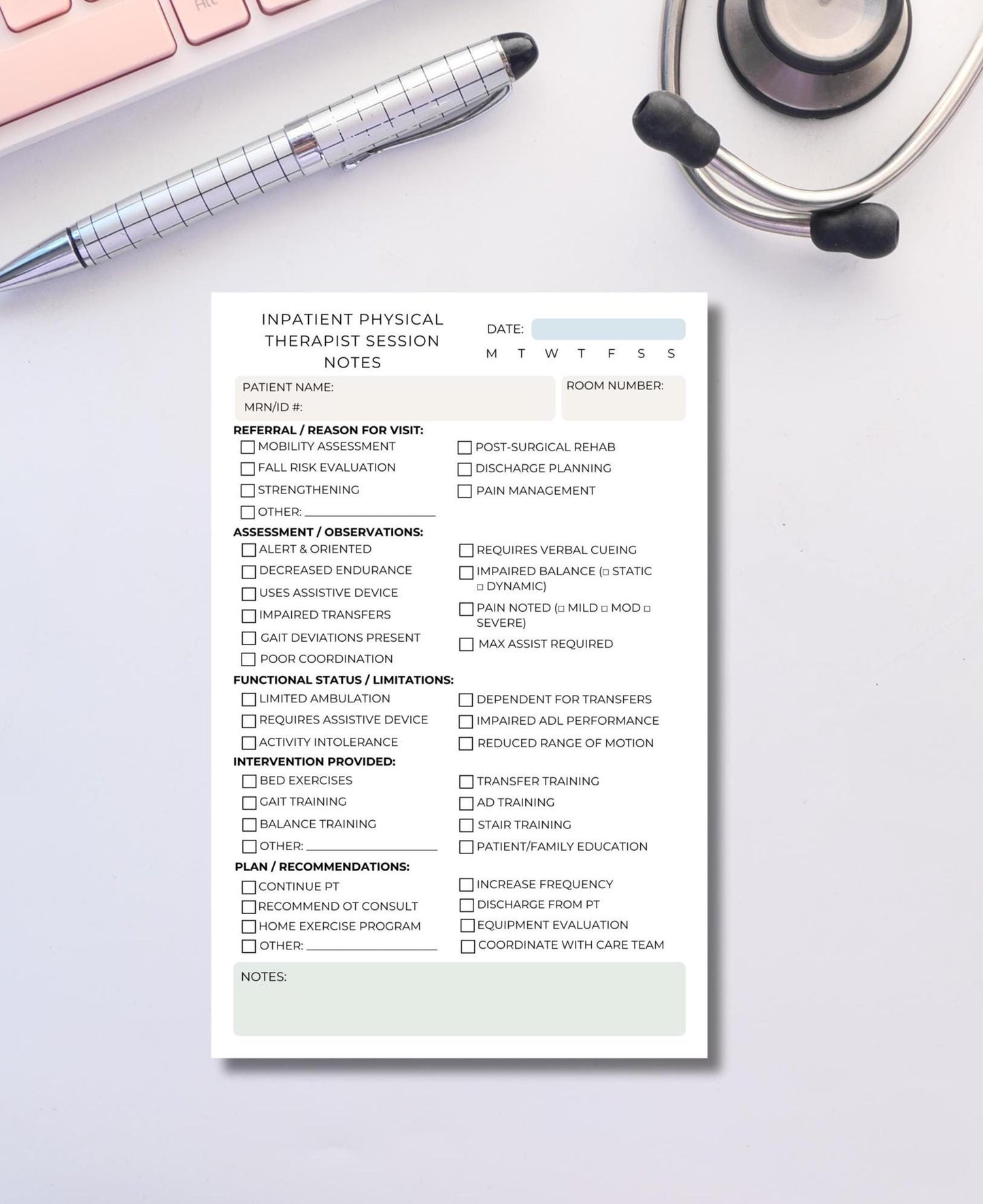 Inpatient Physical Therapist Session Note Notepad | PT Documentation Pad for Hospital Use | Functional Status & Assessment Checklist Physio