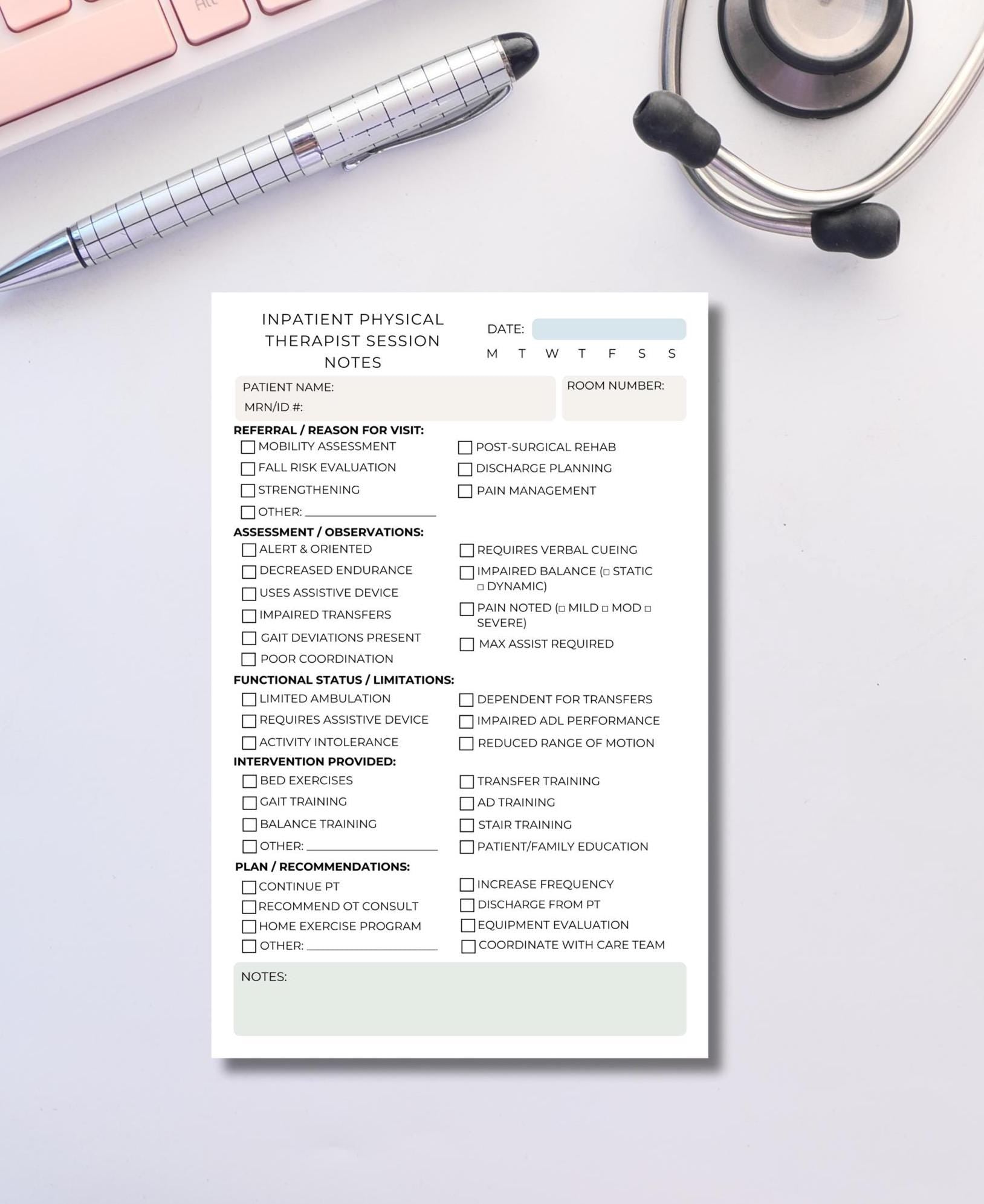 Inpatient Physical Therapist Session Note Notepad | PT Documentation Pad for Hospital Use | Functional Status & Assessment Checklist Physio