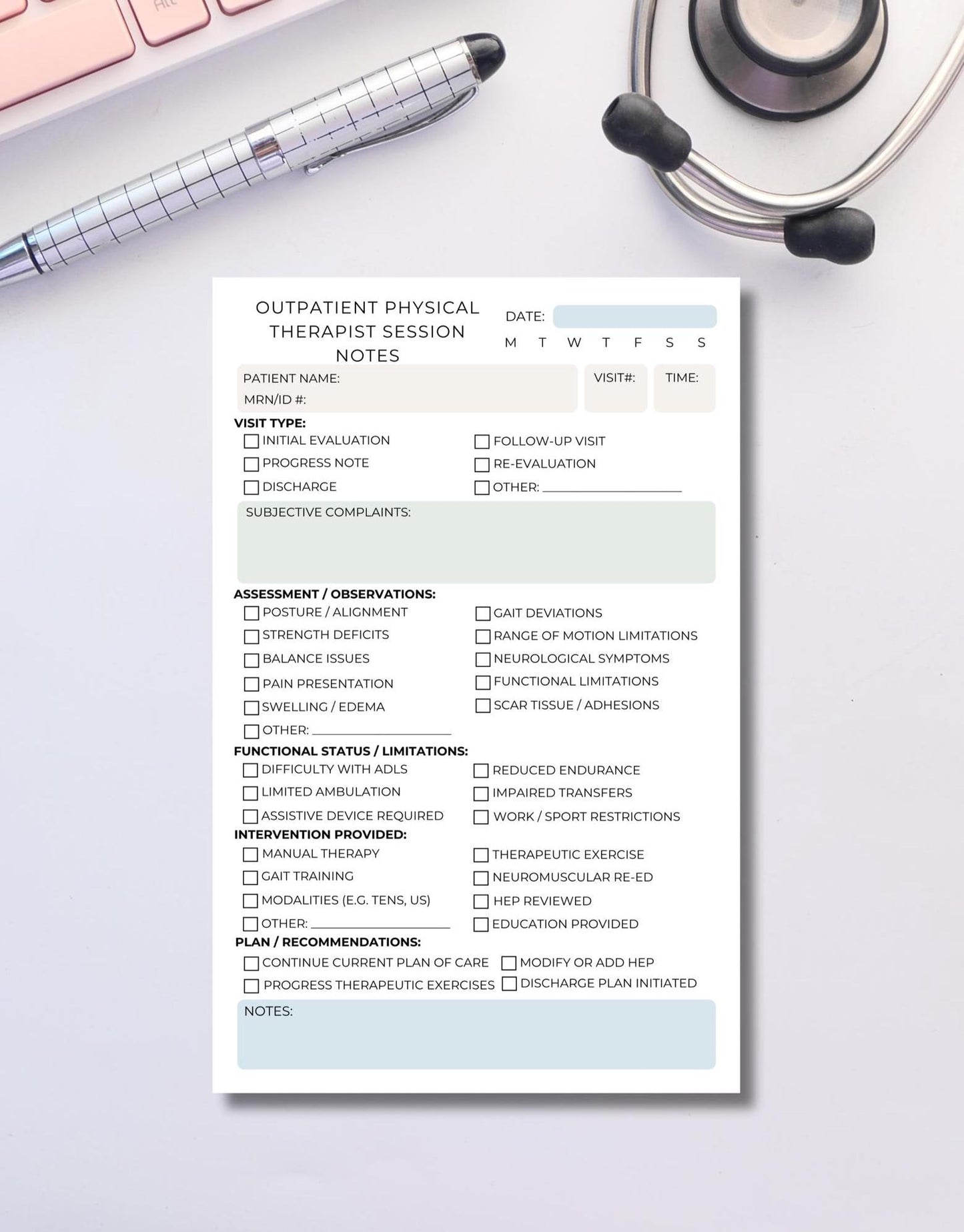 Outpatient Physical Therapist Session Note Notepad | PT Progress Tracking Pad | Functional Status, Treatment, & Goals Checklist PT Notepad