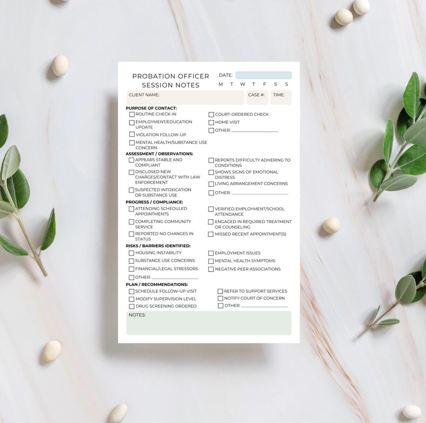 Probation Officer Session Notes | Supervision Meeting Log | Parole Officer Notepad for Probation & Parole Officers | Law Notes Probation