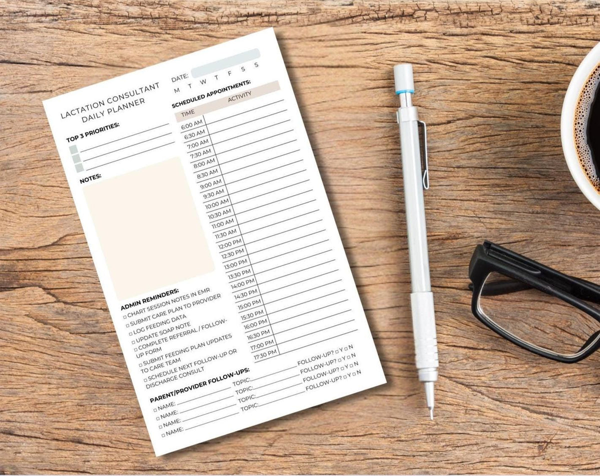 Lactation Consultant Productivity Bundle – Session Notepad, Daily Planner, Pen Faux Leather Padfolio – Breastfeeding Support Organizer Gift