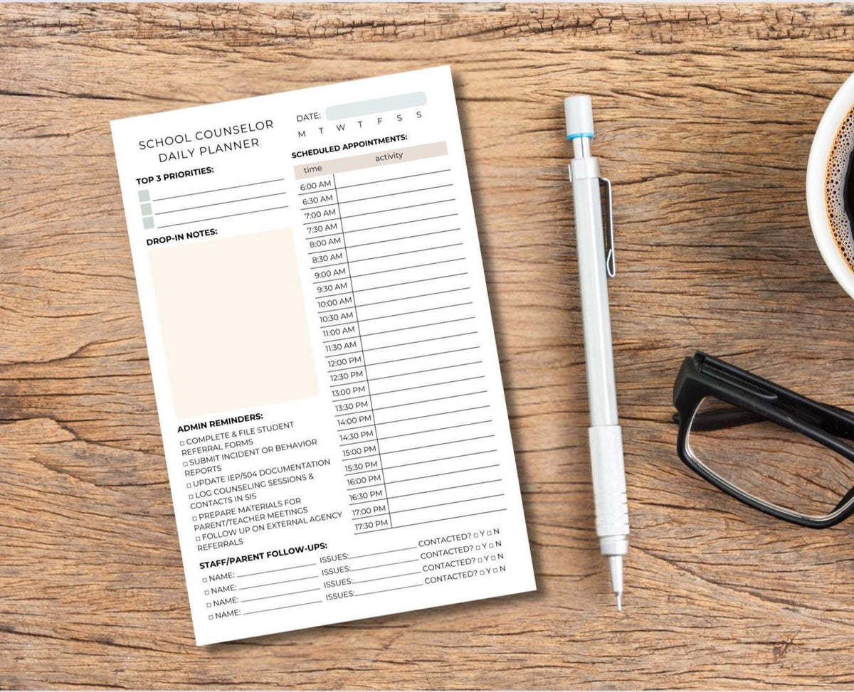 School Counselor Productivity Bundle – Session Notepad, Daily Planner, Faux Leather Padfolio Coordinated Pen Organized Counseling Tools Gift