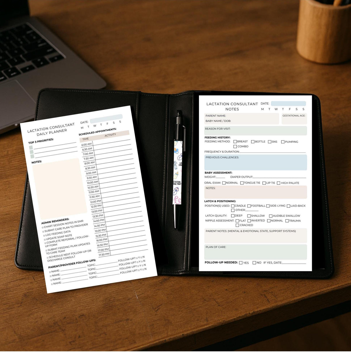 Lactation Consultant Productivity Bundle – Session Notepad, Daily Planner, Pen Faux Leather Padfolio – Breastfeeding Support Organizer Gift