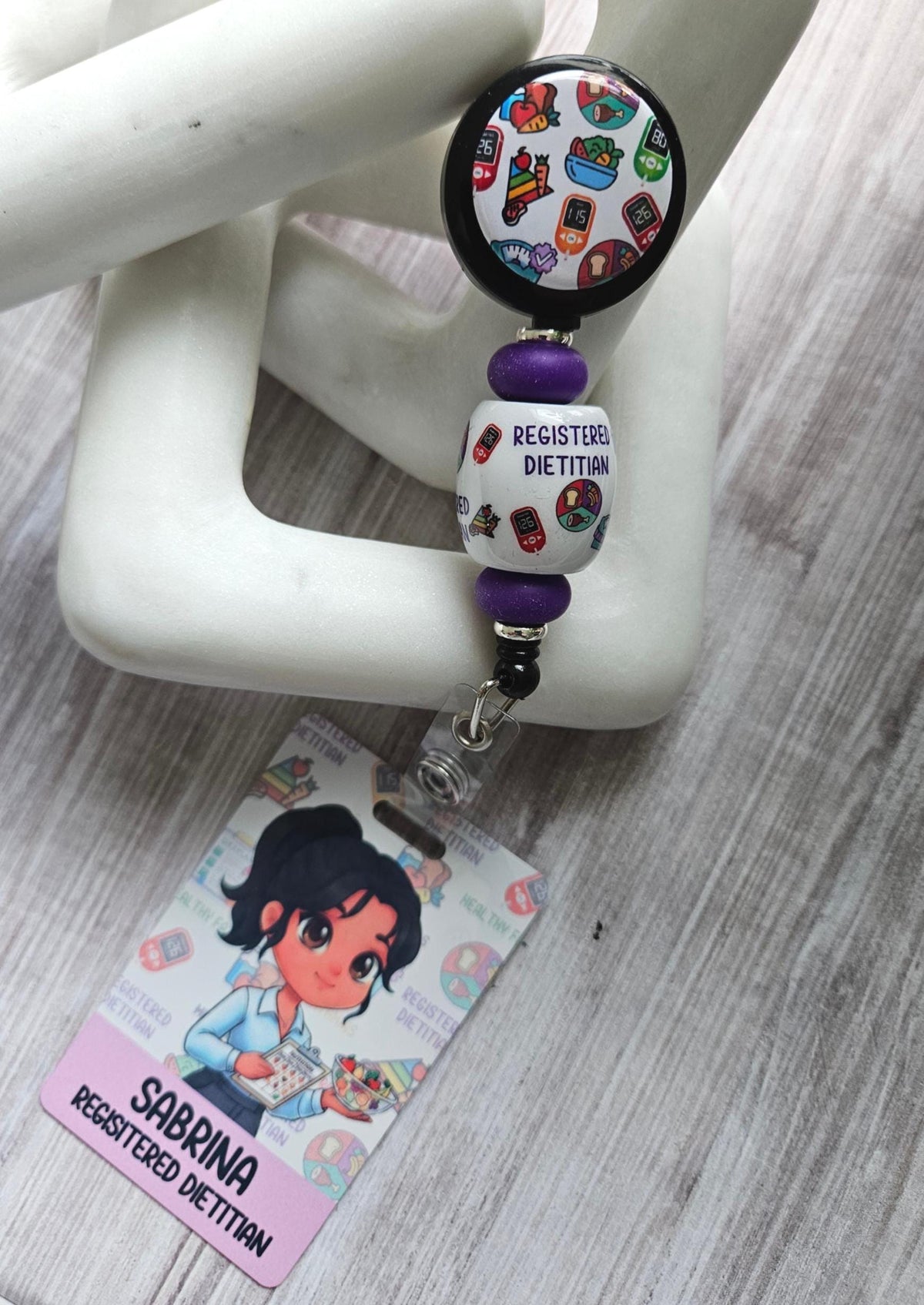 Reversible Registered Dietitian Badge Buddy | Personalized Flip Reel | Double-Sided RD ID holder Custom Name Tag Cartoon Image Holder