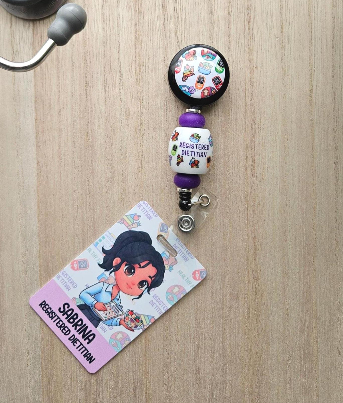 Reversible Registered Dietitian Badge Buddy | Personalized Flip Reel | Double-Sided RD ID holder Custom Name Tag Cartoon Image Holder