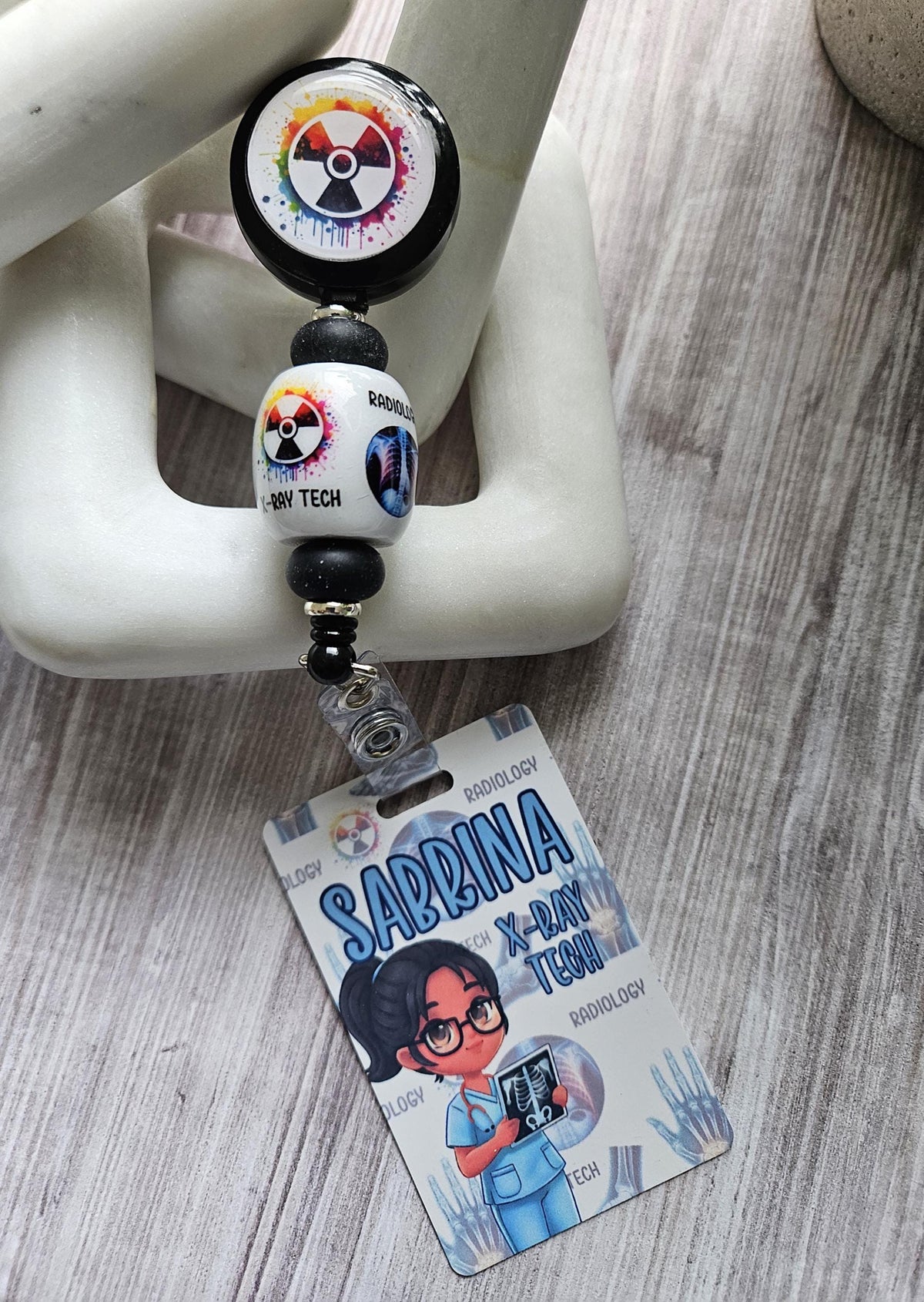 Custom Reversible X-Ray Tech Badge Buddy | Personalized Flip Reel | Double-Sided Radiology ID holder Imaging Name Tag Cartoon Image Holder