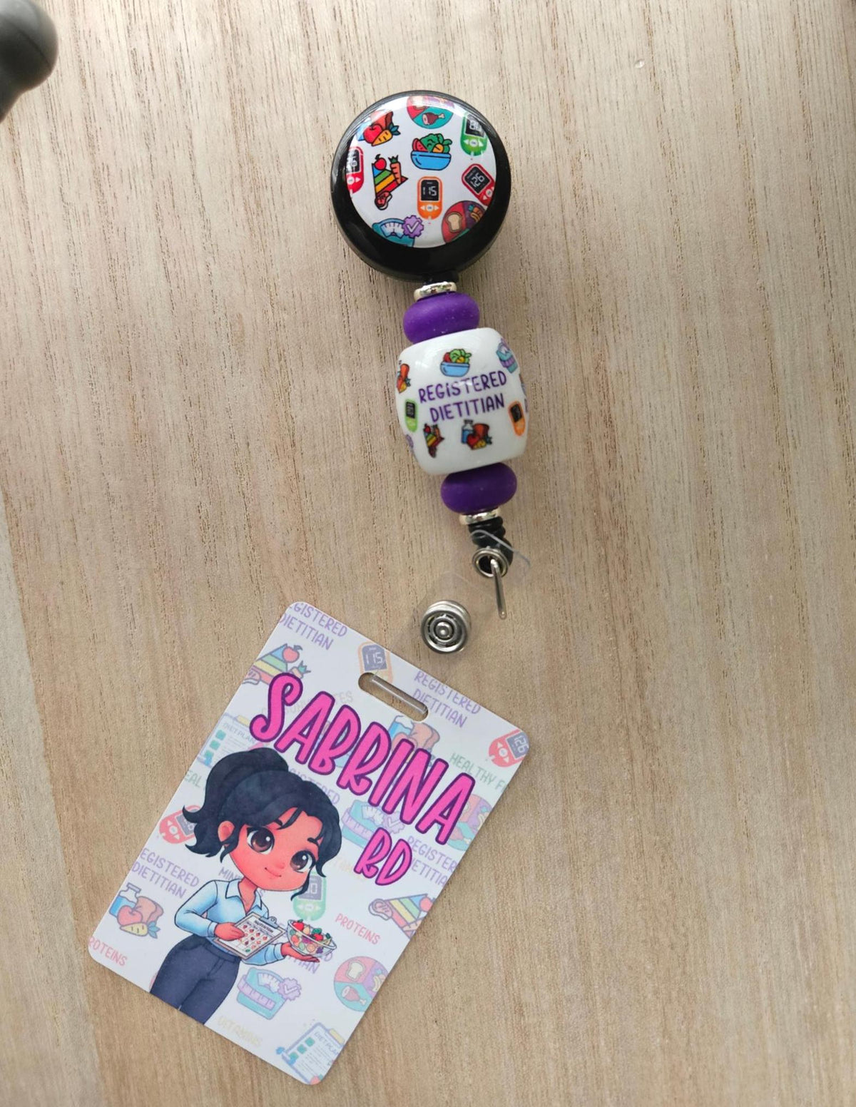 Reversible Registered Dietitian Badge Buddy | Personalized Flip Reel | Double-Sided RD ID holder Custom Name Tag Cartoon Image Holder