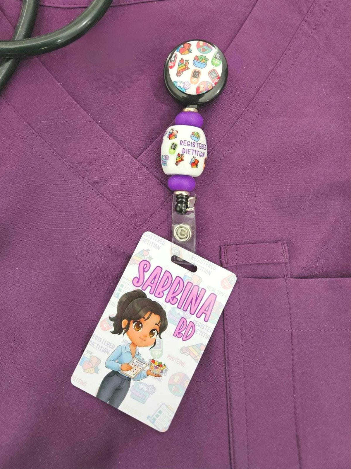 Reversible Registered Dietitian Badge Buddy | Personalized Flip Reel | Double-Sided RD ID holder Custom Name Tag Cartoon Image Holder
