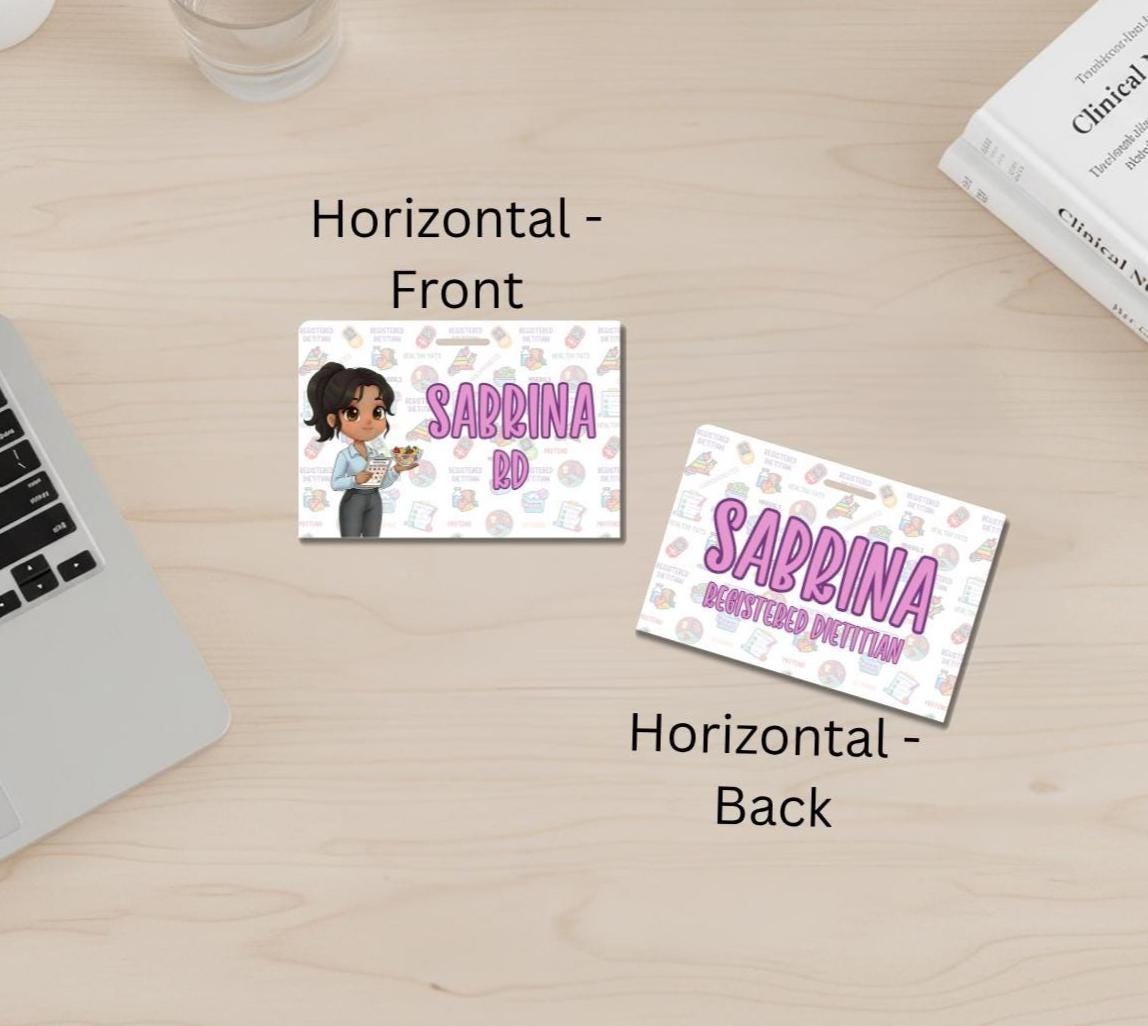 Reversible Registered Dietitian Badge Buddy | Personalized Flip Reel | Double-Sided RD ID holder Custom Name Tag Cartoon Image Holder