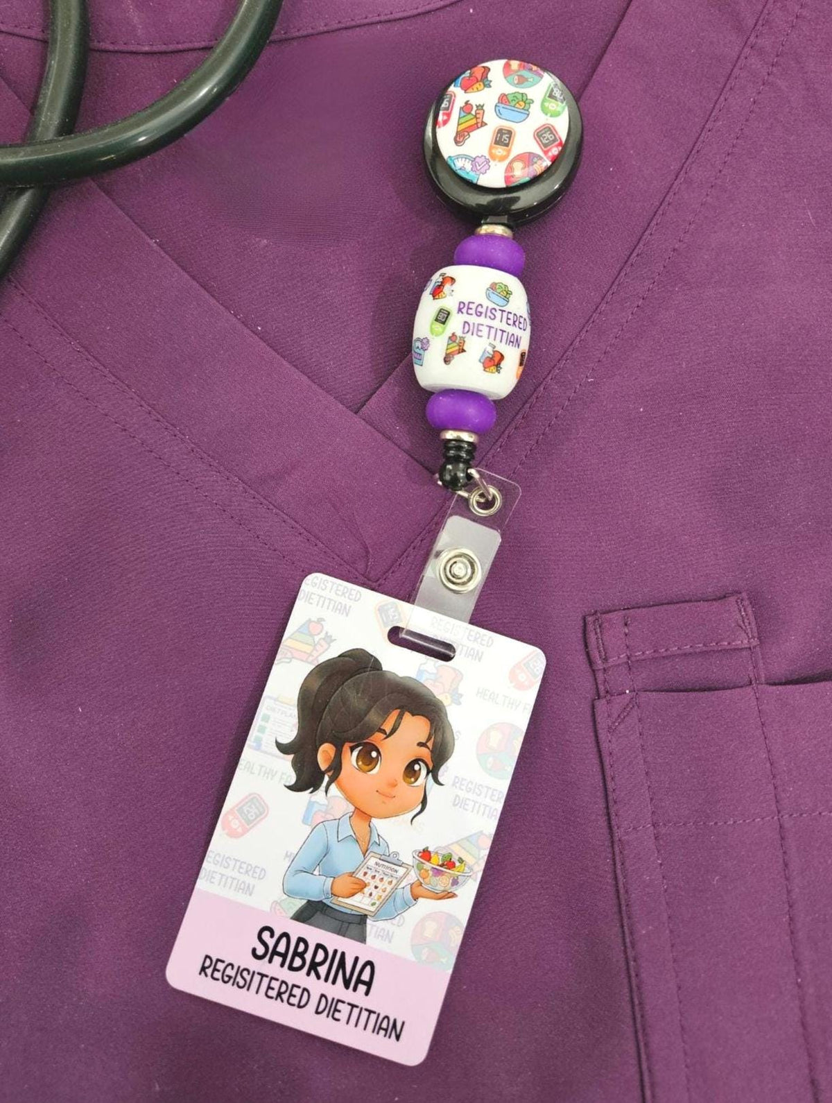Reversible Registered Dietitian Badge Buddy | Personalized Flip Reel | Double-Sided RD ID holder Custom Name Tag Cartoon Image Holder