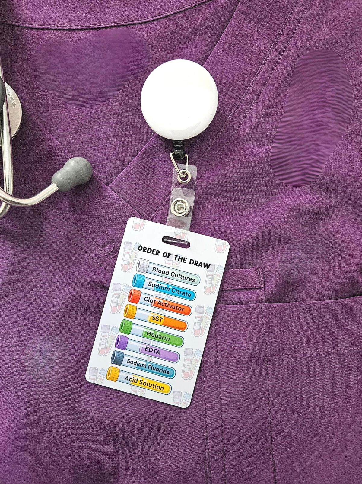 Custom Reversible Phlebotomy Badge Buddy, Personalized Phlebotomist Flip Reel, Double-Sided Order of the Draw, ID Reference Card Lab Tech