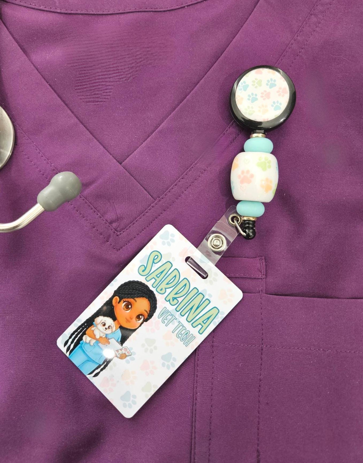 Custom Reversible Veterinary Technician Badge Buddy | Personalized Flip Reel | Double-Sided Vet Tech ID holder Name Beaded Hospital Name Tag