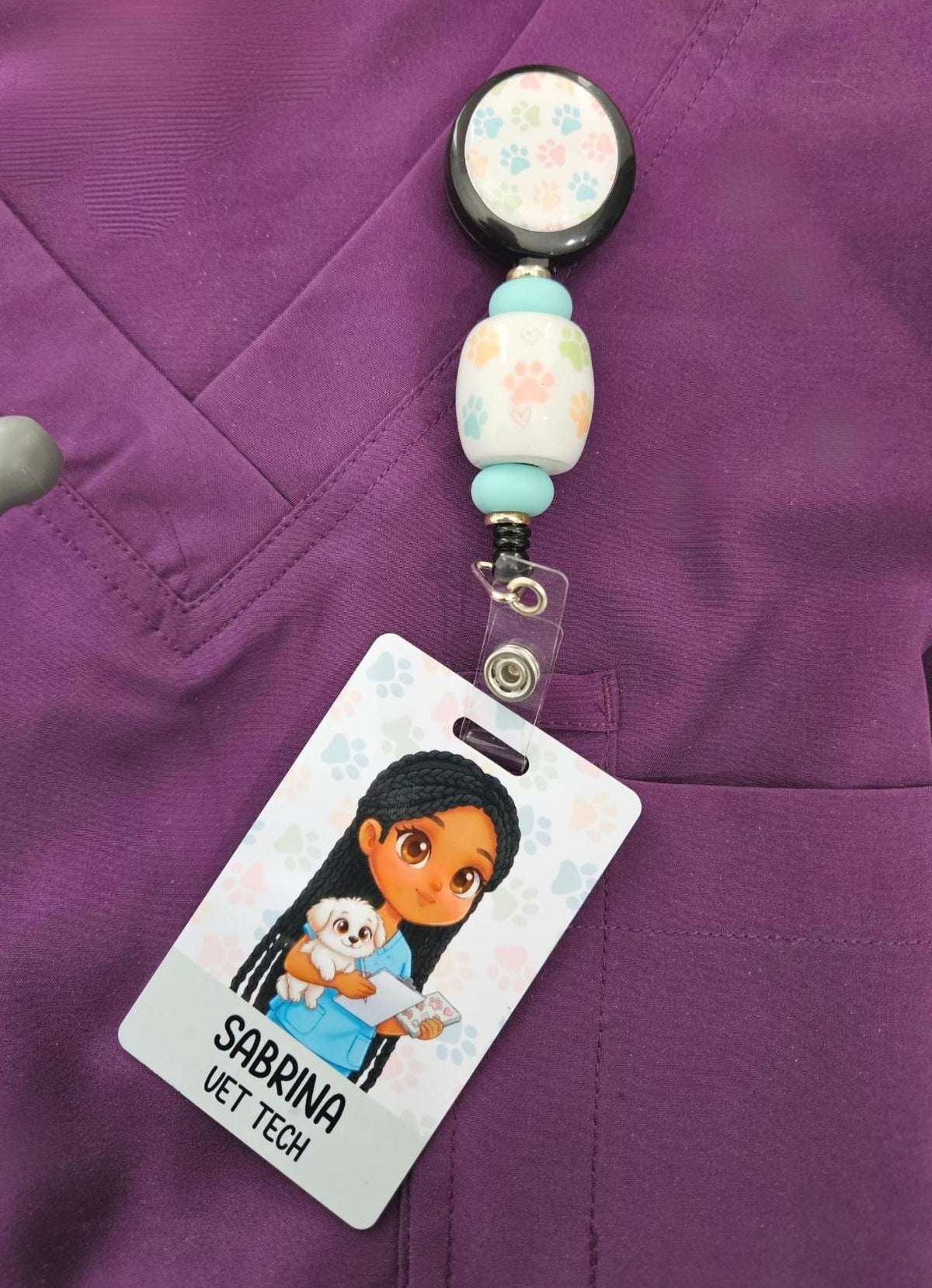 Custom Reversible Veterinary Technician Badge Buddy | Personalized Flip Reel | Double-Sided Vet Tech ID holder Name Beaded Hospital Name Tag
