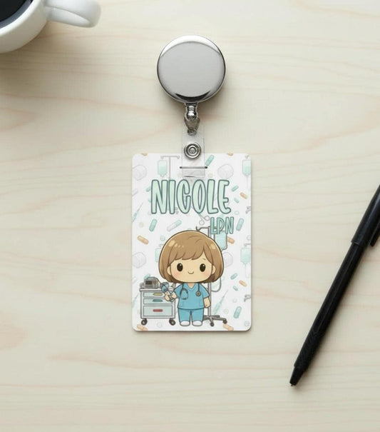 Personalized Nurse Badge Card with Chibi character, Custom Nursing ID Holder, Unique Name & Designation, Healthcare Gift Medical Clip Tag