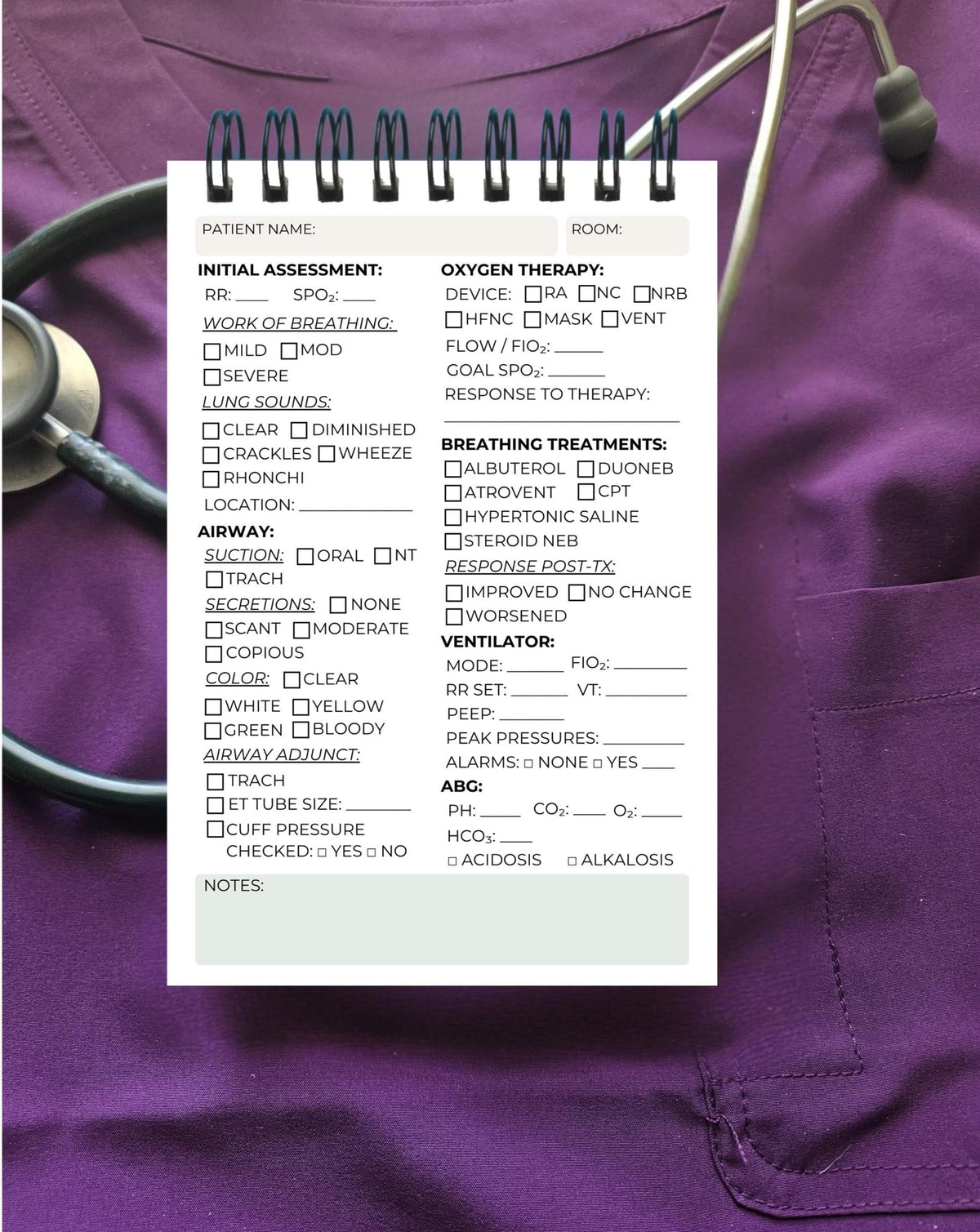 Respiratory Therapy Student Clinical Success Kit, Pocket Brain Sheet Notebook Personalized Stethoscope ID Tag RT Reference Card, Study Guide