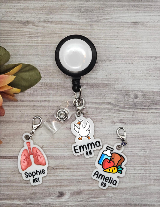 Personalized Badge Reel Charm | Custom Acrylic Name Charm | Nurse, Teacher, Pharmacist, Respiratory Therapist Gift, Name ID Holder Accessory