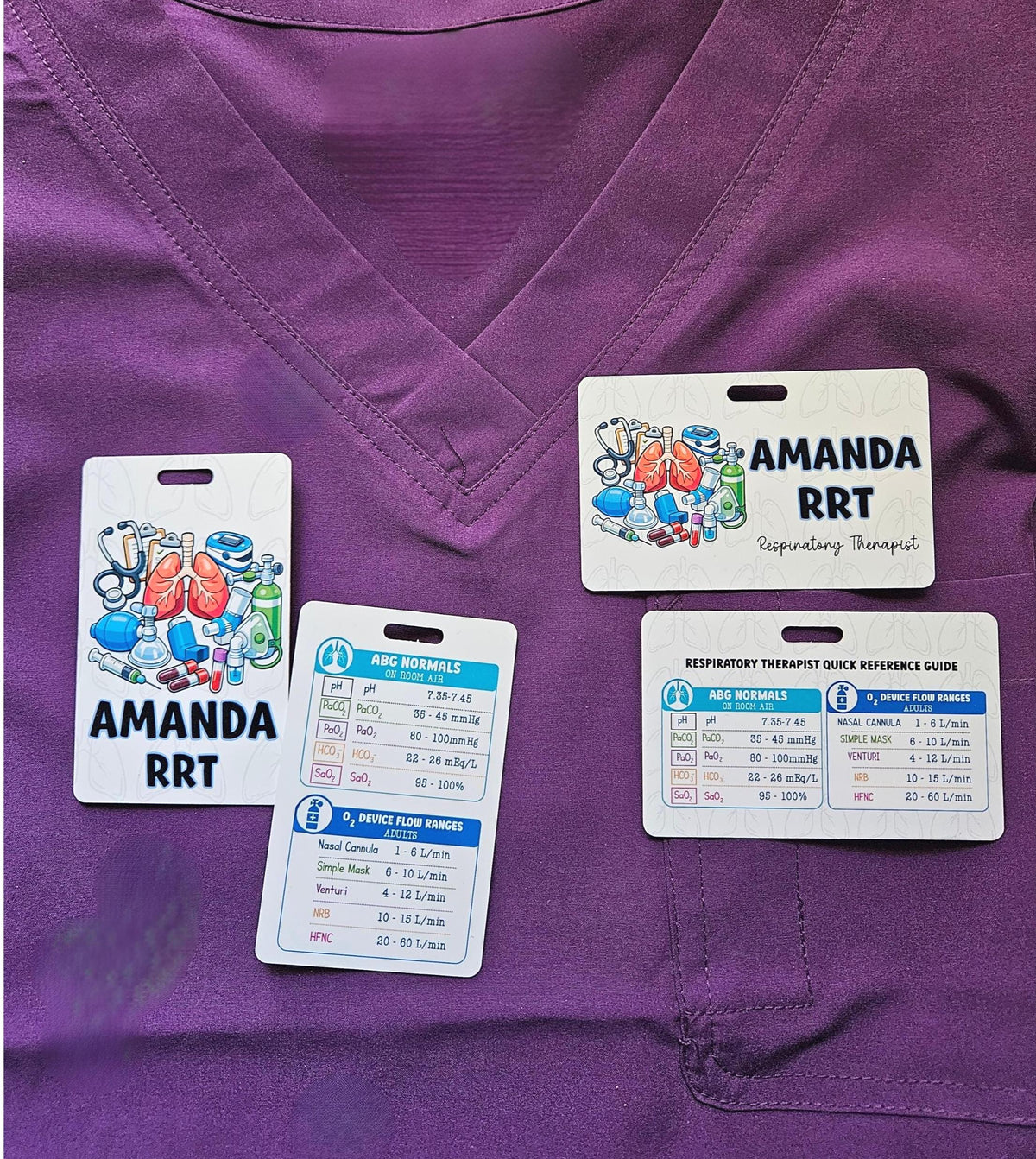Custom Reversible Respiratory Therapist Badge Buddy, Personalized Respiratory Therapy ABG Normal Ranges & Oxygen Reference Guide, RT Student