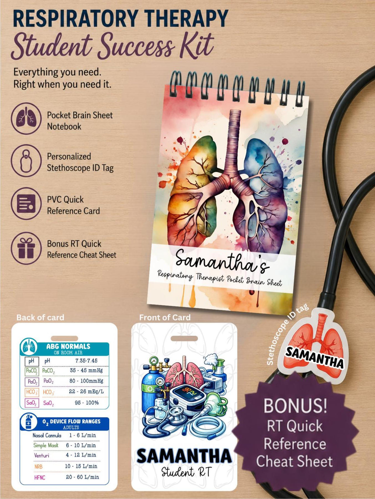 Respiratory Therapy Student Clinical Success Kit, Pocket Brain Sheet Notebook Personalized Stethoscope ID Tag RT Reference Card, Study Guide