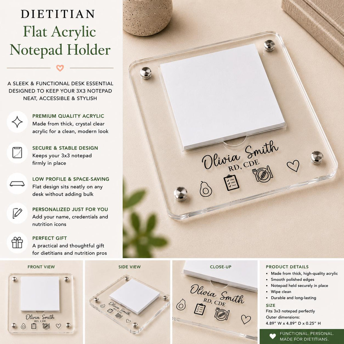 Personalized Registered Dietitian Acrylic Notepad Holder, Engraved Desk Note Station RD Notepad, Professional Desk Organizer Custom Office