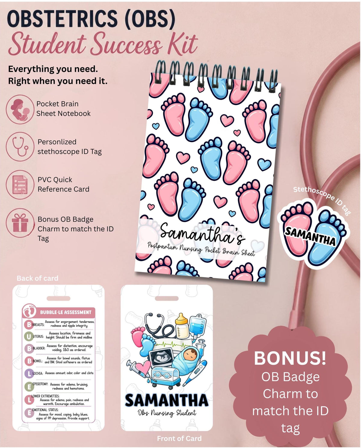 Obstetrics Nursing Student Success Kit | Mother Baby Clinical Bundle | Personalized Brain Sheet, PVC Reference Card & Stethoscope Tag