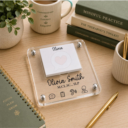 Personalized SLP Notepad Holder | Speech Language Pathologist Gift | Acrylic Desk Organizer | Custom Office Gift | Engraved Desk Accessory