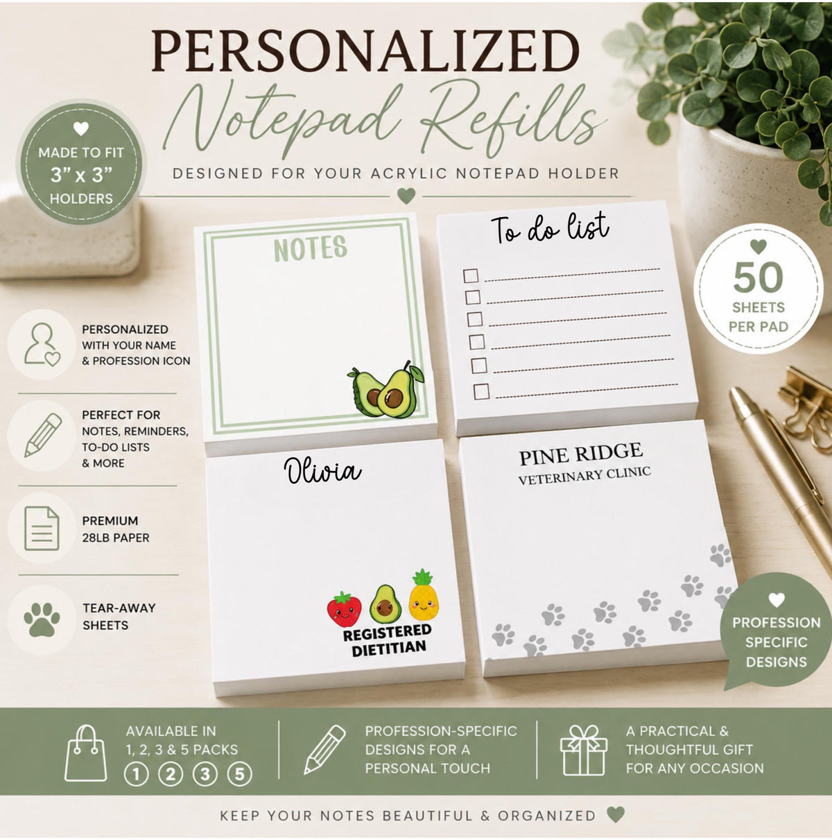 Personalized Notepad Refills | 3x3 Tear Away Memo Pads | Custom Refill Notepads | Professional Office Stationery | Acrylic Holder Refill