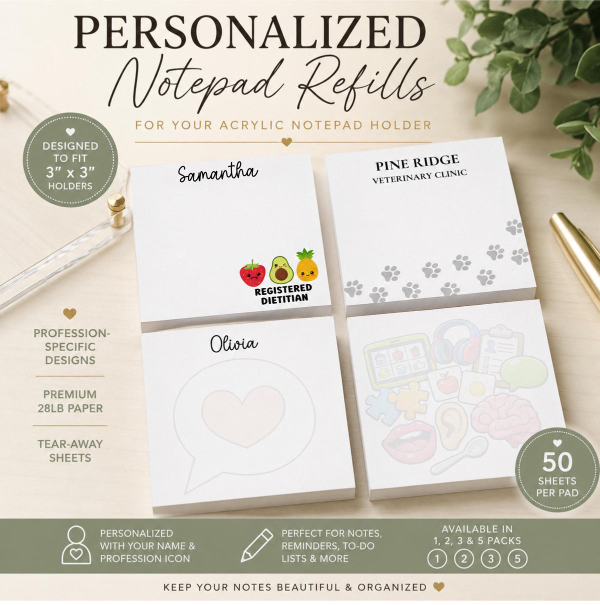 Personalized Notepad Refills | 3x3 Tear Away Memo Pads | Custom Refill Notepads | Professional Office Stationery | Acrylic Holder Refill