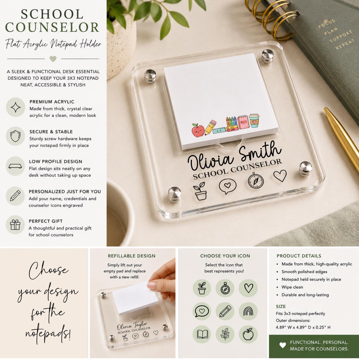 Personalized School Counselor Notepad Holder | Acrylic Desk Organizer | Custom Office Gift | Engraved Desk Accessory | Counselor Gift