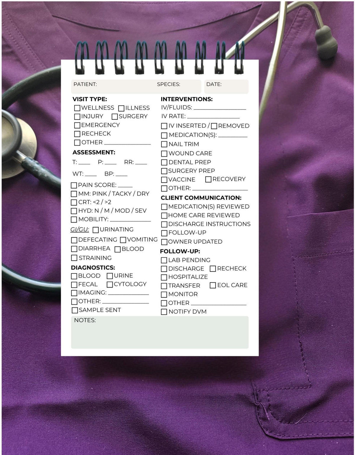 Veterinary Technician Pocket Notebook | Vet Tech Clinical Workflow Brain Sheet | 4x6 Spiral Shift Notes | Veterinary Student Gift New Grad