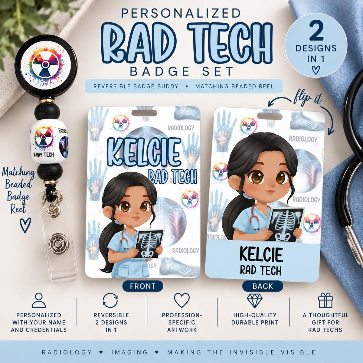 Custom Reversible X-Ray Tech Badge Buddy | Personalized Flip Reel | Double-Sided Radiology ID holder Imaging Name Tag Cartoon Image Holder