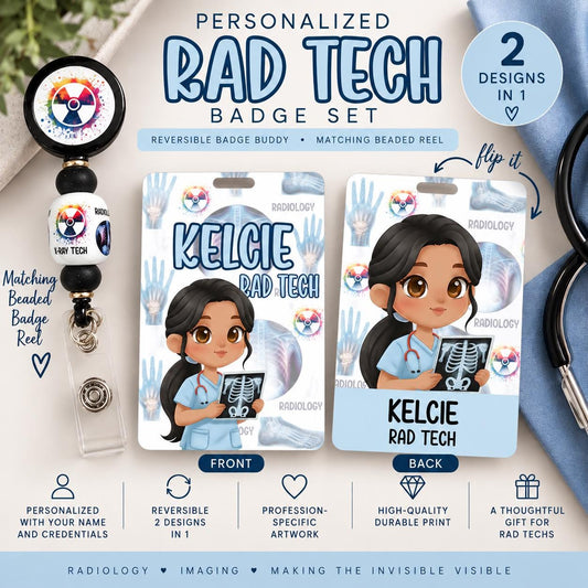 Custom Reversible X-Ray Tech Badge Buddy | Personalized Flip Reel | Double-Sided Radiology ID holder Imaging Name Tag Cartoon Image Holder