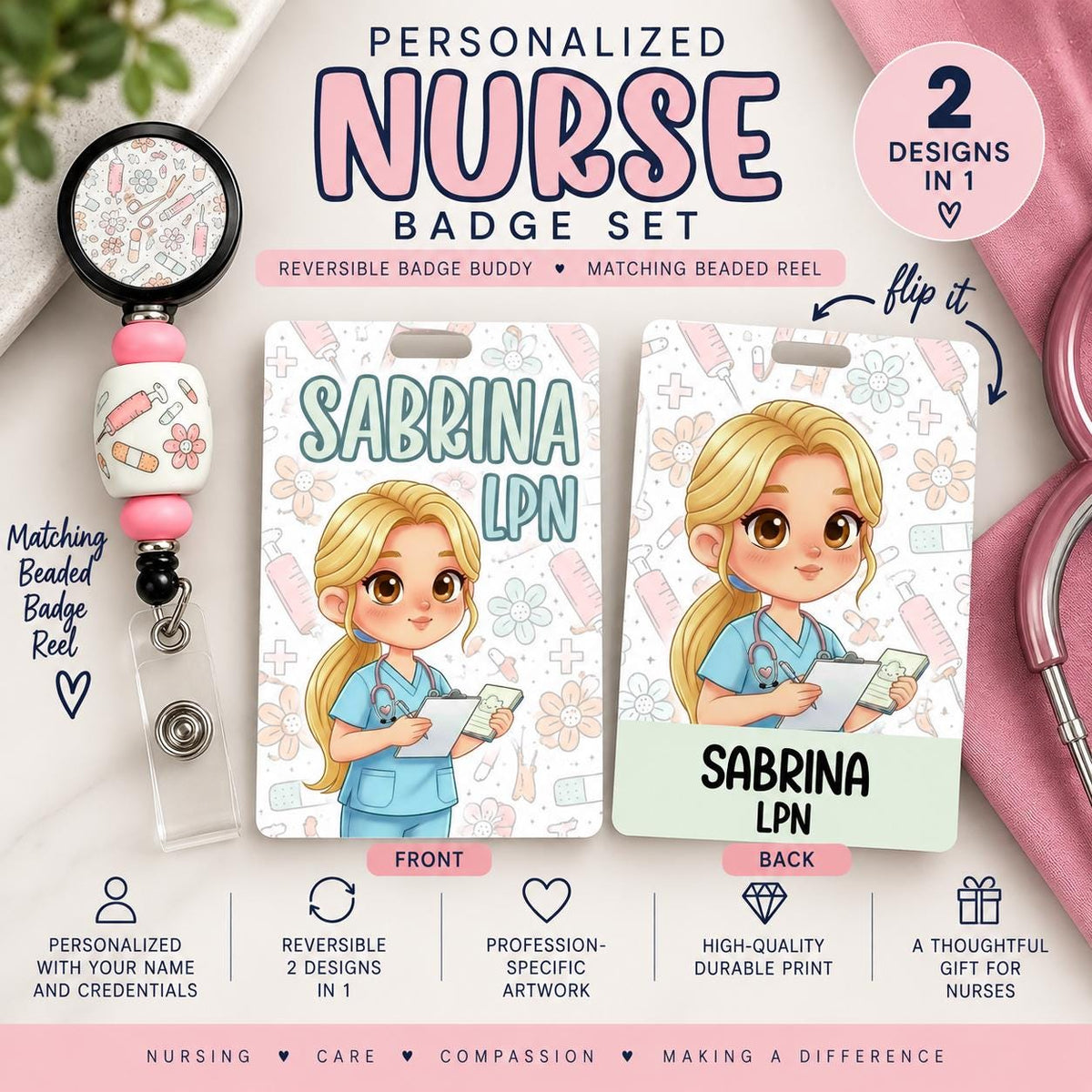 Reversible Nurse Badge Buddy | Personalized Flip Tags | Double-Sided Nursing ID Custom Name Tag Nursing Personalized Work Badge Holder