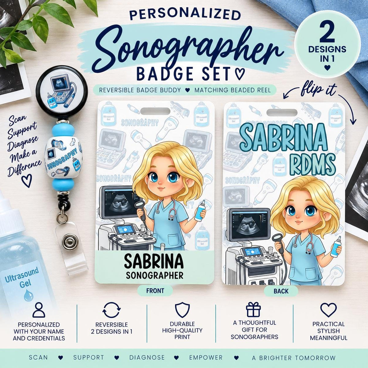 Reversible Ultrasound Tech Badge Buddy – ID for Diagnostic Imaging Professionals – OB / Radiology Technician Gift Badge Holder Sonographer