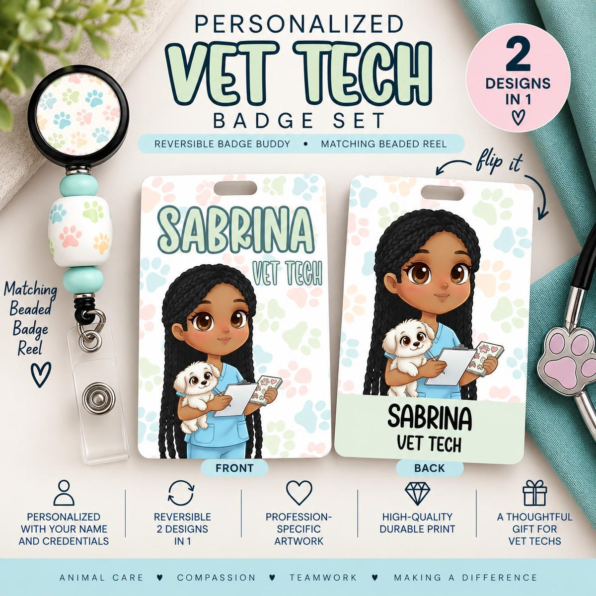 Custom Reversible Veterinary Technician Badge Buddy | Personalized Flip Reel | Double-Sided Vet Tech ID holder Name Beaded Hospital Name Tag