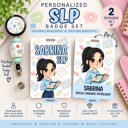 Custom Reversible Speech Language Pathology Badge Buddy | Personalized Flip Reel | Double-Sided SLP ID holder Name Beaded, SLPA Badge Clip