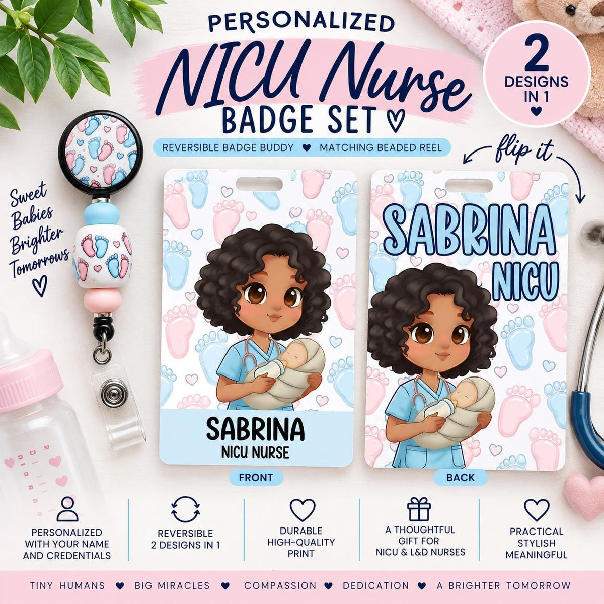 Custom Reversible NICU Nurse Badge Buddy | Personalized Flip Reel | Double-Sided Labor and Delivery ID holder Name Beaded Badge Reel