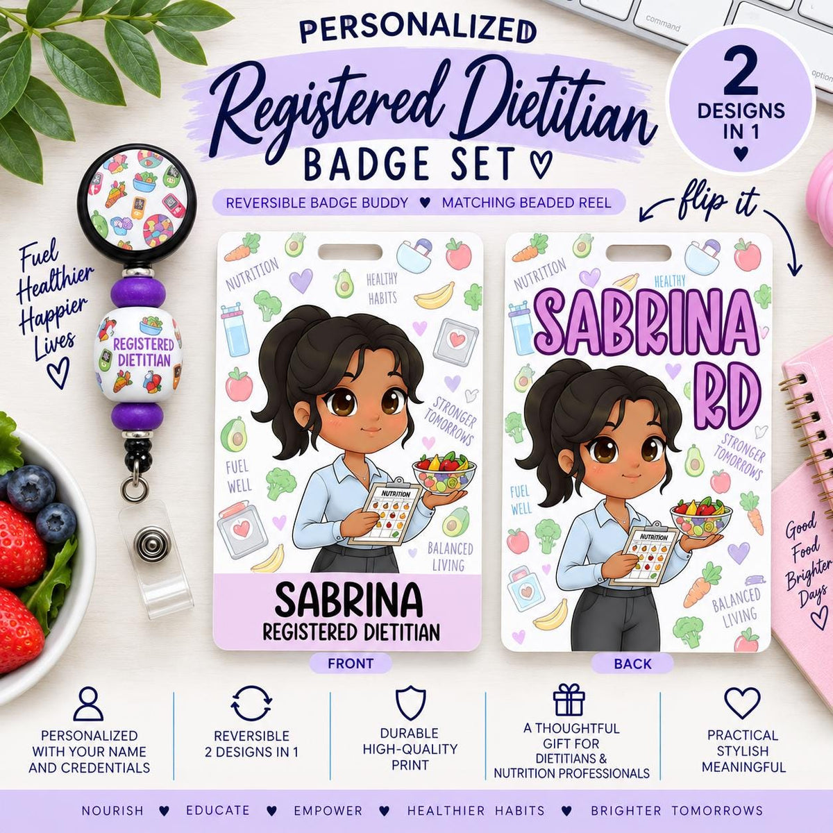 Reversible Registered Dietitian Badge Buddy | Personalized Flip Reel | Double-Sided RD ID holder Custom Name Tag Cartoon Image Holder