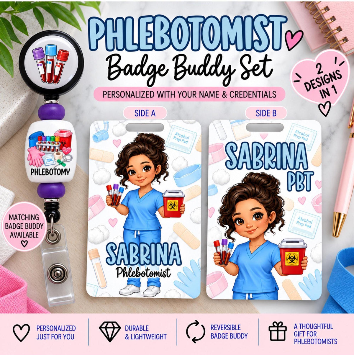 Personalized Phlebotomist Badge Buddy, Custom Reversible PBT Badge Buddy, Custom Phlebotomy ID Badge, Phlebotomist Gift, Badge Reel Option
